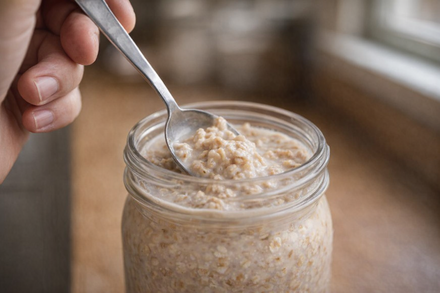A close-up shot of a spoon stirring overnight oats in a mason jar, showing the creamy texture and the oats soaking in the almond milk